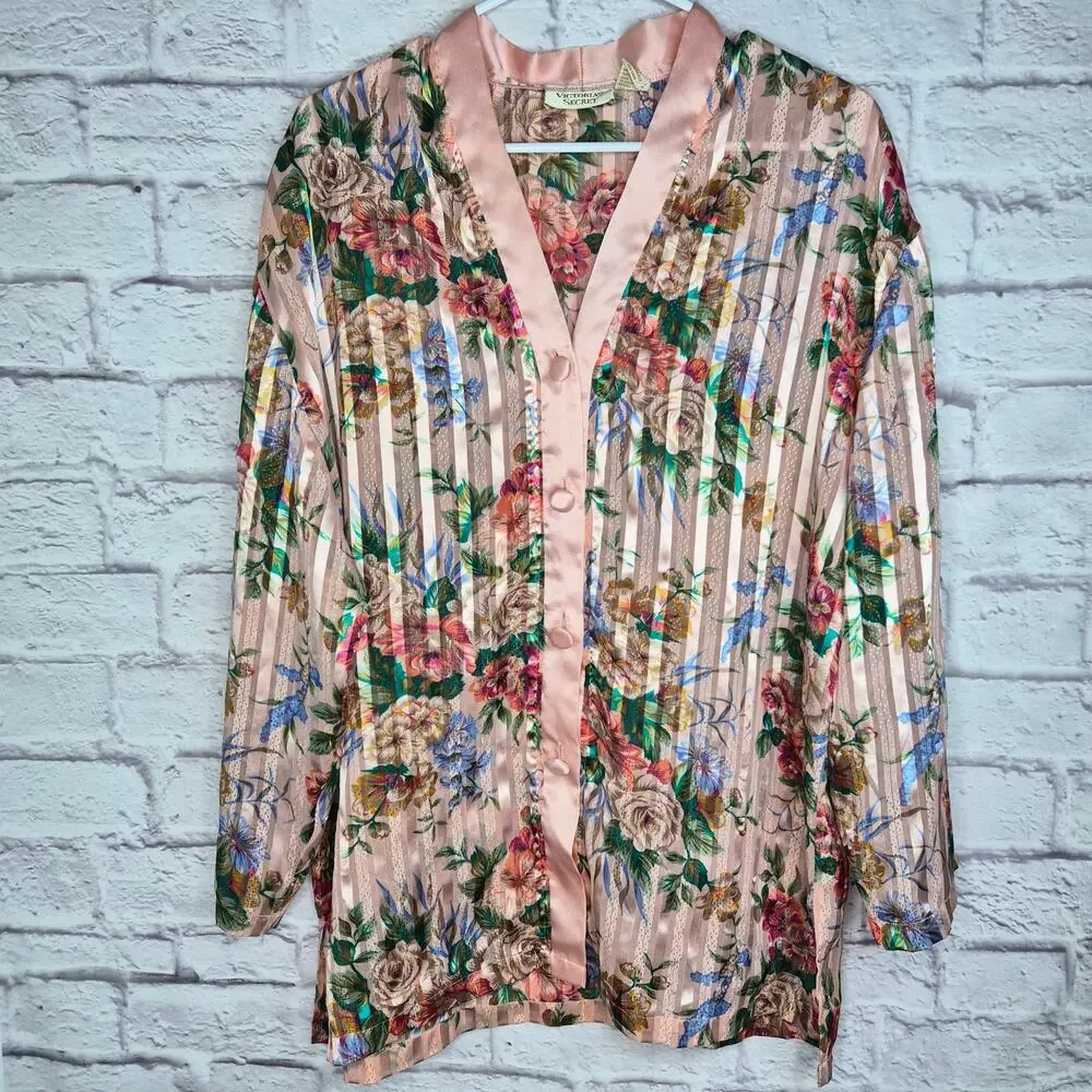 Vtg 80s Victoria Secret Gold Label Floral Satin Stripe Sleep Shirt Top Medium M